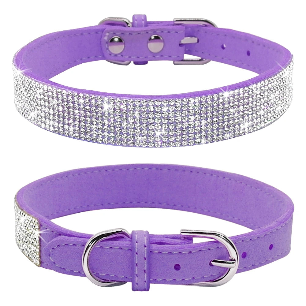 Rhinestone Dog Cat Collar Suede Leather Puppy Cats Kitten Collar for Small Dogs Chihuahua Yorkshire French Bulldog