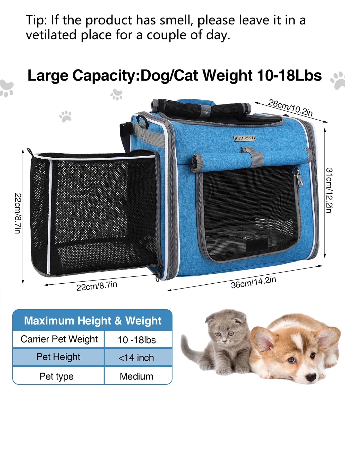 Trasportini Dog or Cat Bike Basket, Expandable Soft Sided Pet Carrier Backpack with 4 Open Doors, Foldable Dog Bike Carrier