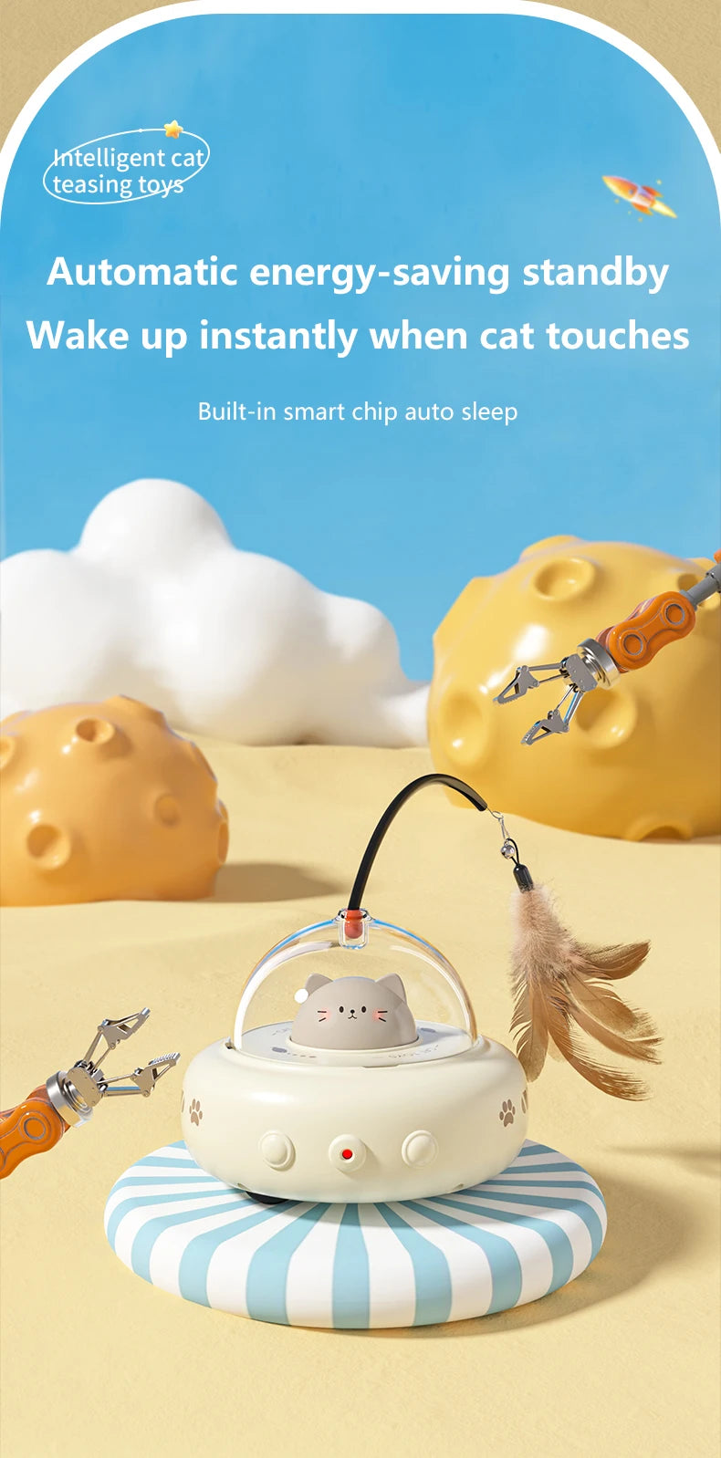 Smart Teaser Cat Toy Electric UFO Cat Teaser Stick With Bell Training Pet Toys Replaceable Feather Interactive Cat Supplies