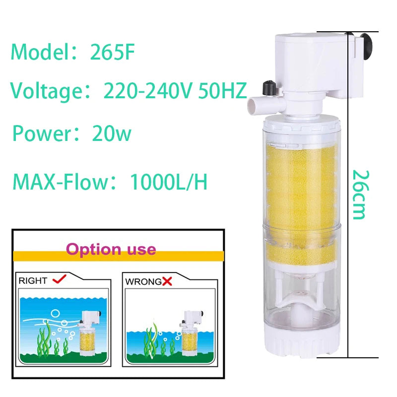 25-Filtro Pompa Multifunzione 3 in 1 per Acquario 220V – Filtrazione, Ossigenazione e Circolazione.