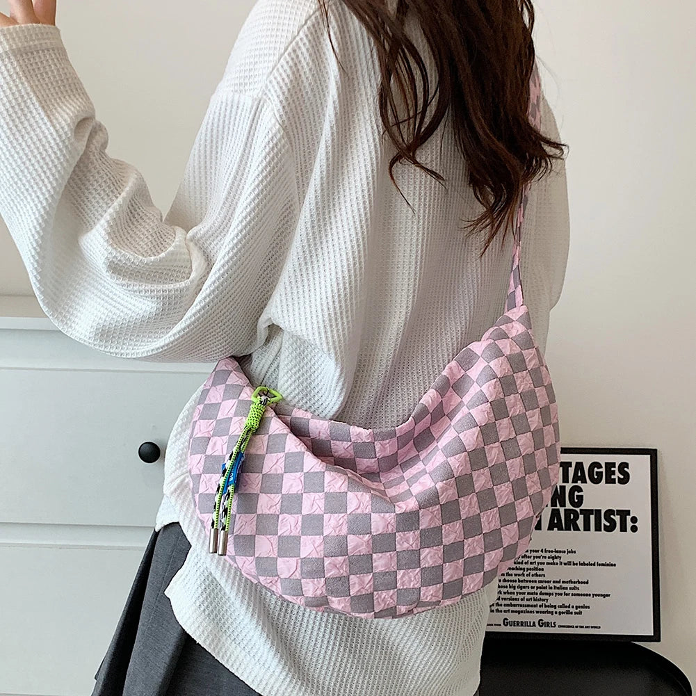 Plaid Women Messenger Bag Fashion Half Moon Crescent Bag Casual Portable Simple Lightweight Large Capacity for Weekend Vacation