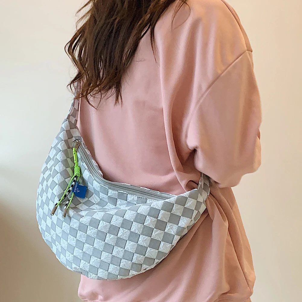 Plaid Women Messenger Bag Fashion Half Moon Crescent Bag Casual Portable Simple Lightweight Large Capacity for Weekend Vacation