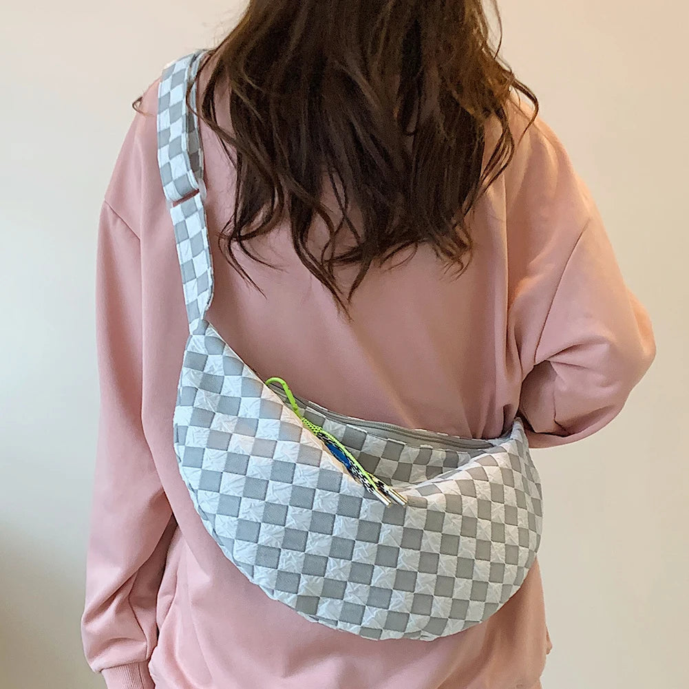 Plaid Women Messenger Bag Fashion Half Moon Crescent Bag Casual Portable Simple Lightweight Large Capacity for Weekend Vacation