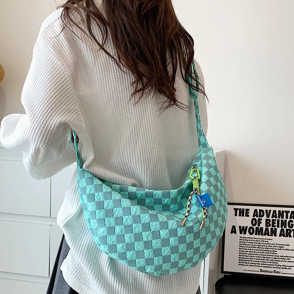 Plaid Women Messenger Bag Fashion Half Moon Crescent Bag Casual Portable Simple Lightweight Large Capacity for Weekend Vacation
