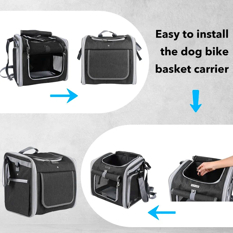Trasportini Dog or Cat Bike Basket, Expandable Soft Sided Pet Carrier Backpack with 4 Open Doors, Foldable Dog Bike Carrier