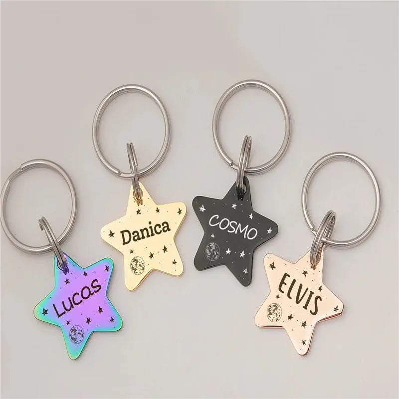 Personalize Star Shape Pet Tag With Keyring Stainless Steel Dog Name Phone Plate Steel Pendant Jewelry Making Accessories