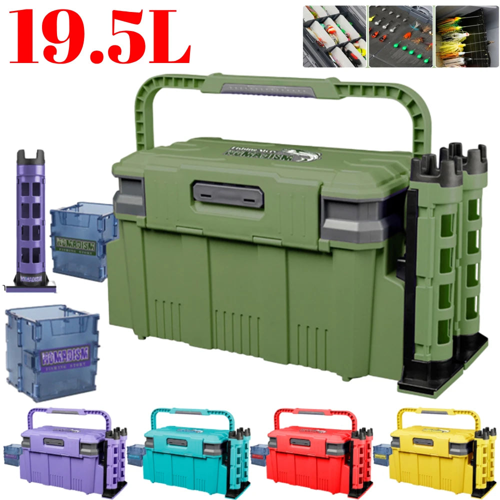 19.5L Fishing Tackle Box Multifunction Fishing Box Large Capacity Stand Rod Holder Cup Holder Storage Box Fishing Accessories