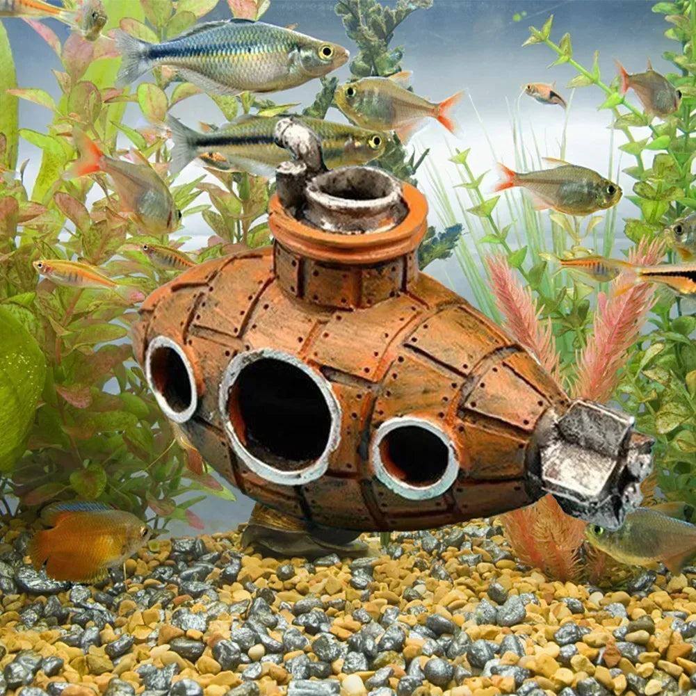 Resin Aquarium Decor - Hollow Fish & Shrimp Cave, Submarine-Themed Tank Landscape Accessories for Aquatic Background Design