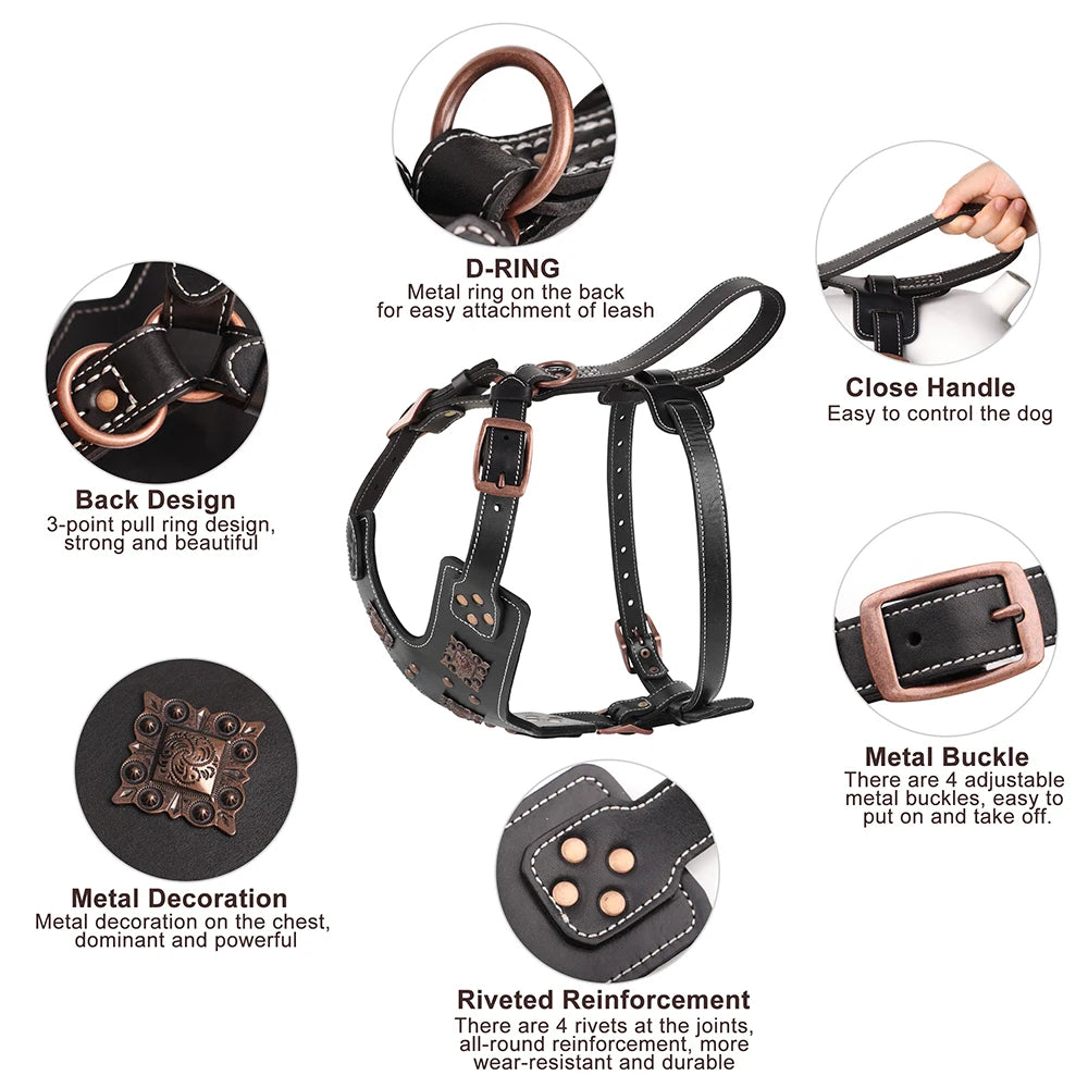 Pettorina Genuine Leather Dog Harness Durable Large Dogs Harnesses Riveted Pet Training Vest With Metal Accessories For Medium Large Dogs