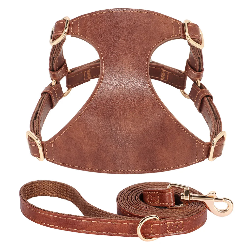 Pettorina PU Leather Dog Harness Leash Set Dog Cat Chest Strap Traction 5ft Rope Walking Vest Harness for Small Medium Dogs Pet Supplies