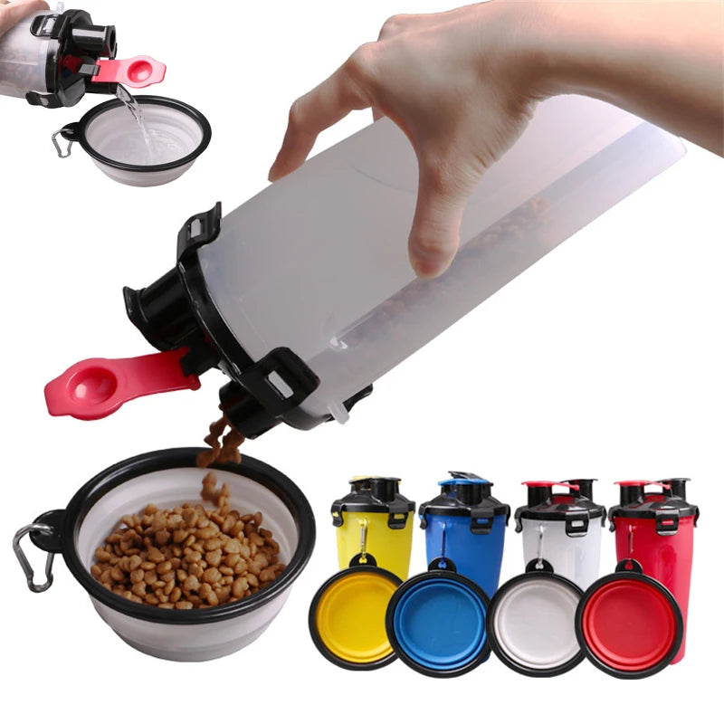 2 IN 1 Dogs Travel Water Bottle Collapsible Pet Food Container with Collapse Outdoor Double Used Bowls Drink Cup Outdoor