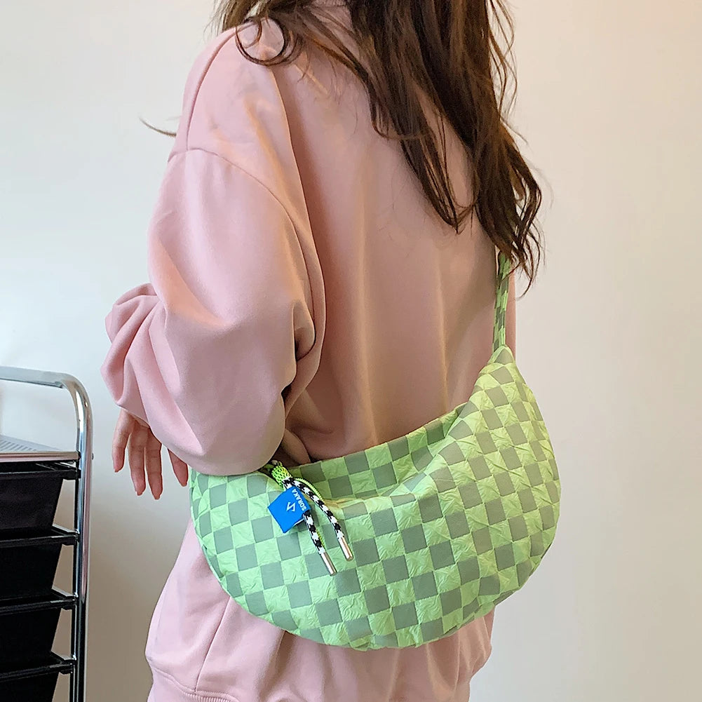 Plaid Women Messenger Bag Fashion Half Moon Crescent Bag Casual Portable Simple Lightweight Large Capacity for Weekend Vacation