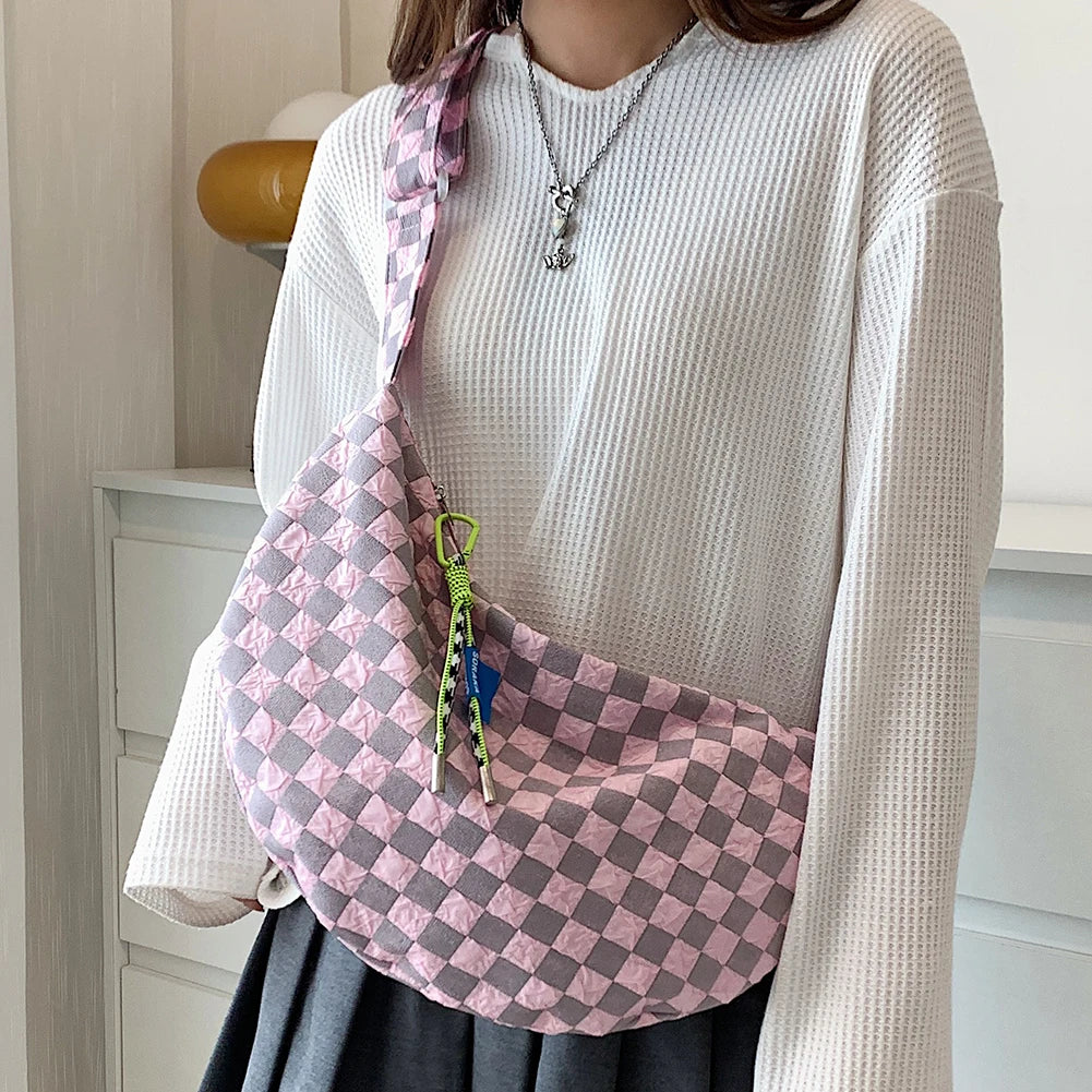 Plaid Women Messenger Bag Fashion Half Moon Crescent Bag Casual Portable Simple Lightweight Large Capacity for Weekend Vacation