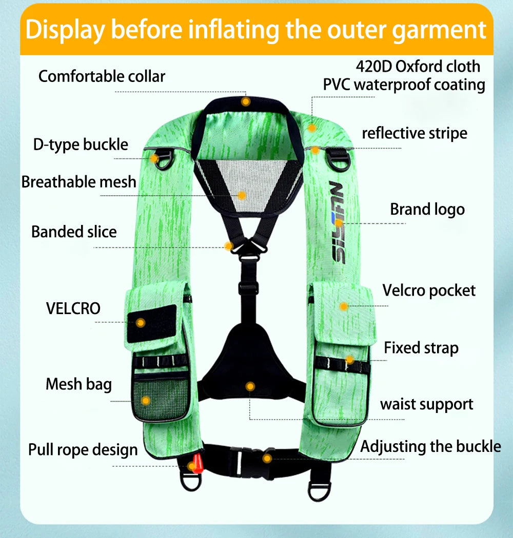 Gilet da pesca – Giubbotto salvagente multifunzionale, ideale per la pesca e la navigazione.Attenzione: questo prodotto è solo un gilet e non include le cartucce di gas CO2. È necessario acquistare separatamente le cartucce per poterlo utilizzare corretta