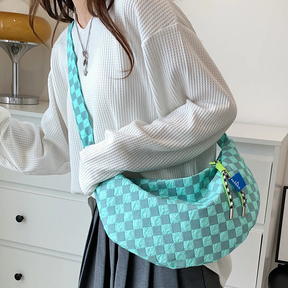 Plaid Women Messenger Bag Fashion Half Moon Crescent Bag Casual Portable Simple Lightweight Large Capacity for Weekend Vacation