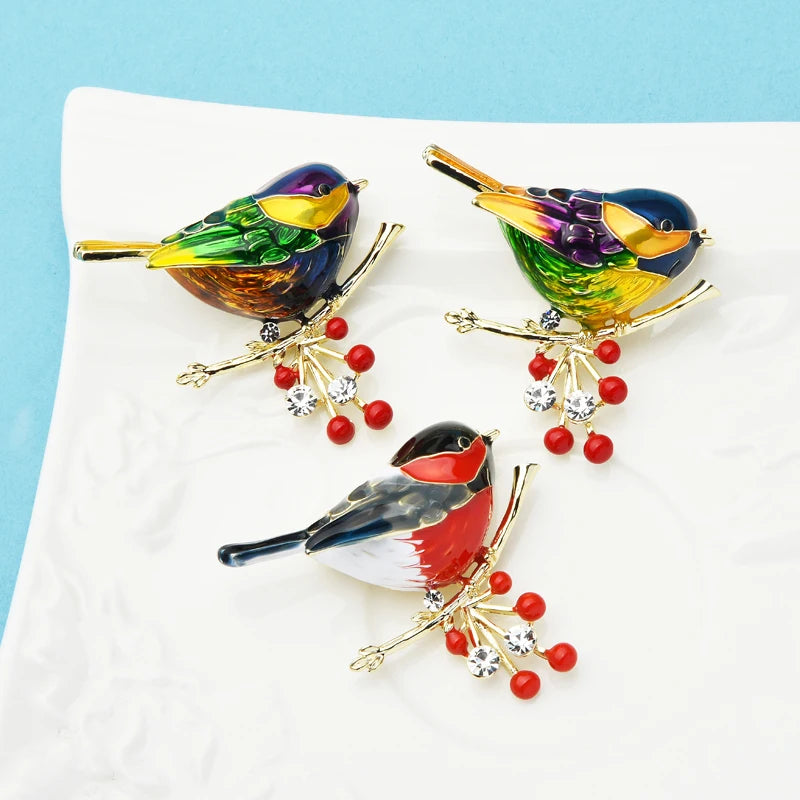 Wuli&baby 2021 Multicolor Bird Brooch Pins Quality Enamel Ainmal Brooches New Year Designer Jewelry Gift Pyrrhula pyrrhula