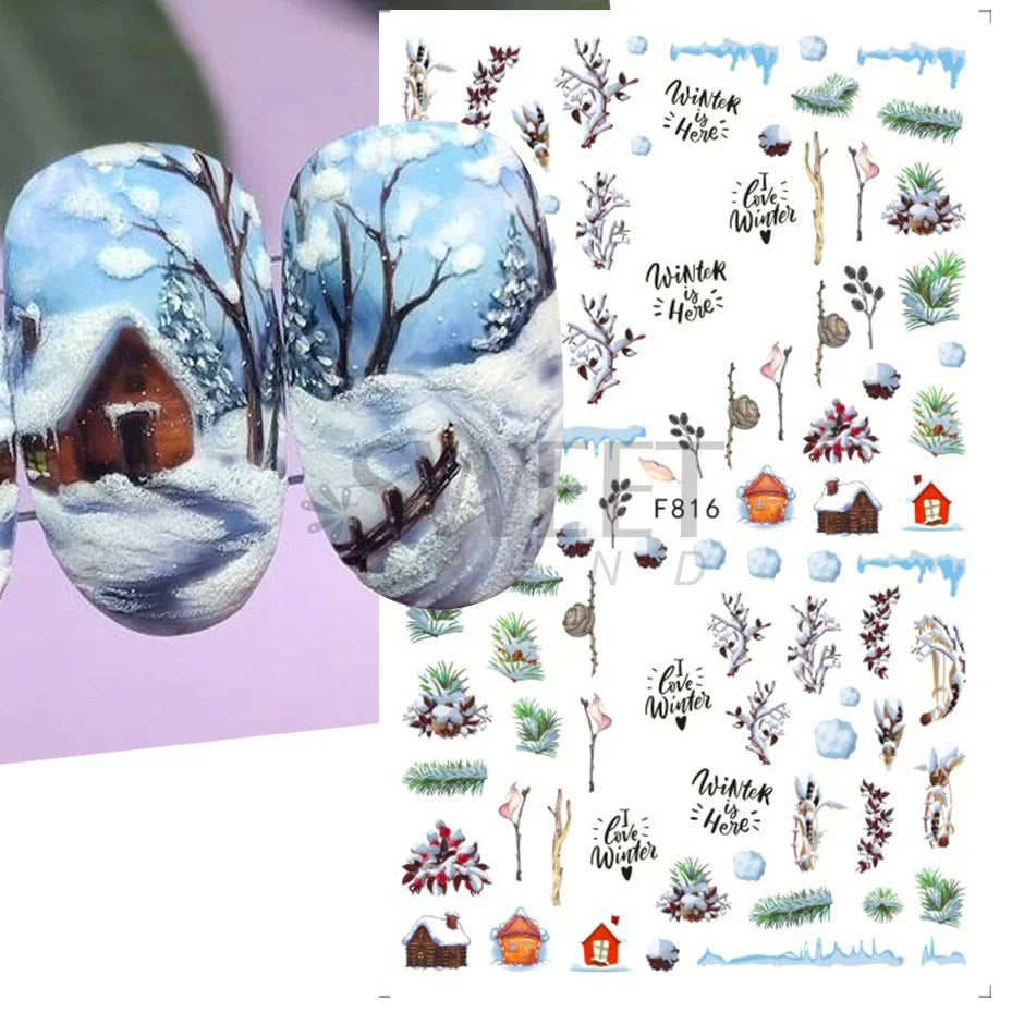 Winter Christmas Nail Sticker Snowflake Magpie Bird 3D Slider Leaf Halloween New Year Design Decoration Manicure 2023 Trend Foil