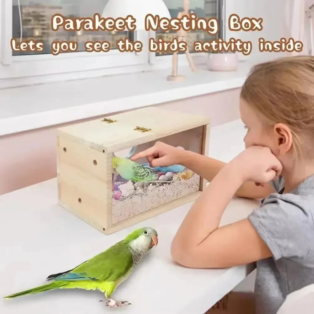 Transparent Design Parakeet Bird House Nest Easy To Cleaning Creative Solid Wood Parrot House Smooth Edges Bird Breeding Box