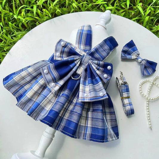 Pet Harness Leash Set Cute Plaid Dog Dress Cat Dog Holiday Party Costume Summer Girl Pet Clothes Bowknot Puppy Princess Dresses