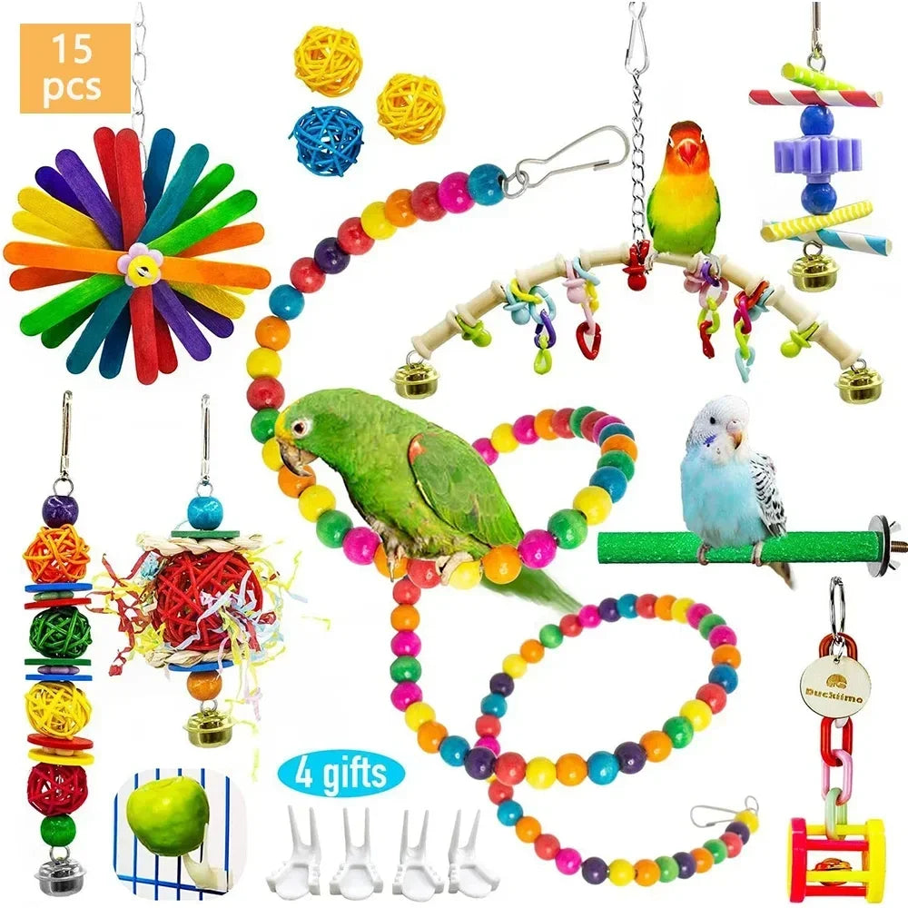 15pcs Packs Toy Set for Parrots Variety of Toys for Bird Cage Accessories Safe and Durable Bird Toys for Cockatiels Parakeets