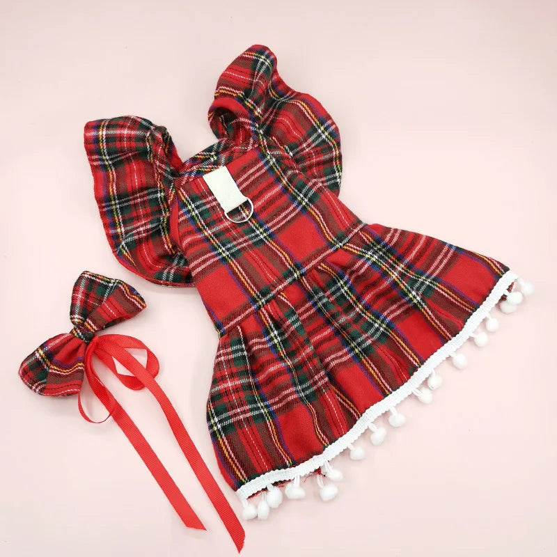 Vestiti Christmas Dog Dresses Strap Autumn Winter Dog Clothing Skirt Cat Pet Clothing Cosplay Christmas Checker Clothes for Small Dog