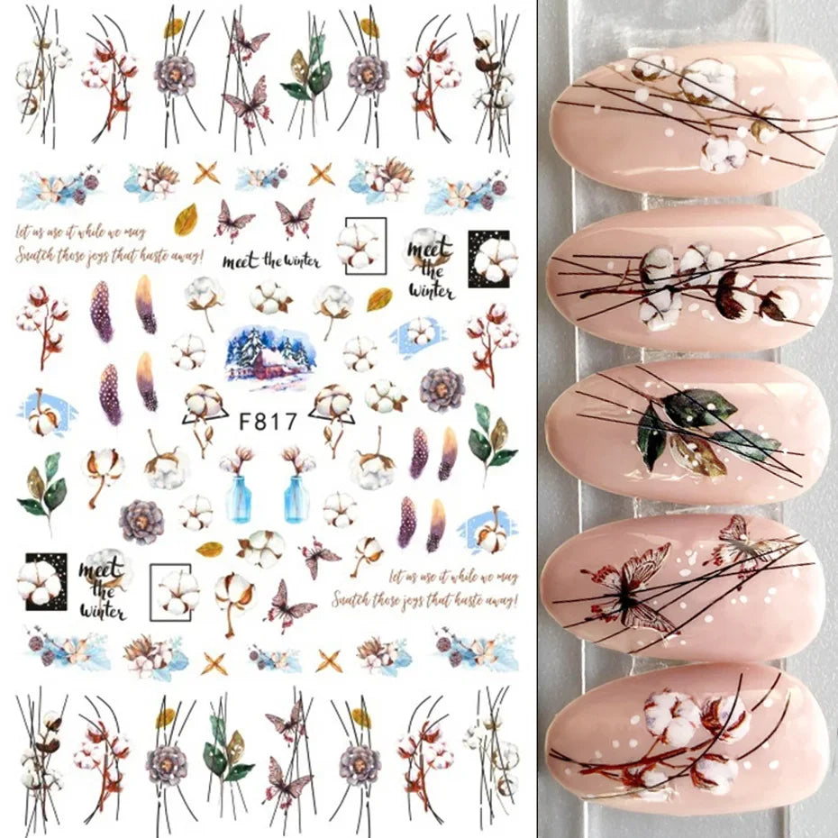 Winter Christmas Nail Sticker Snowflake Magpie Bird 3D Slider Leaf Halloween New Year Design Decoration Manicure 2023 Trend Foil