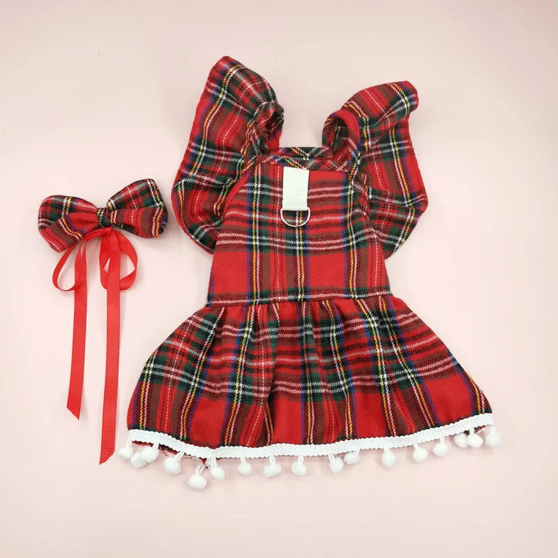 Vestiti Christmas Dog Dresses Strap Autumn Winter Dog Clothing Skirt Cat Pet Clothing Cosplay Christmas Checker Clothes for Small Dog