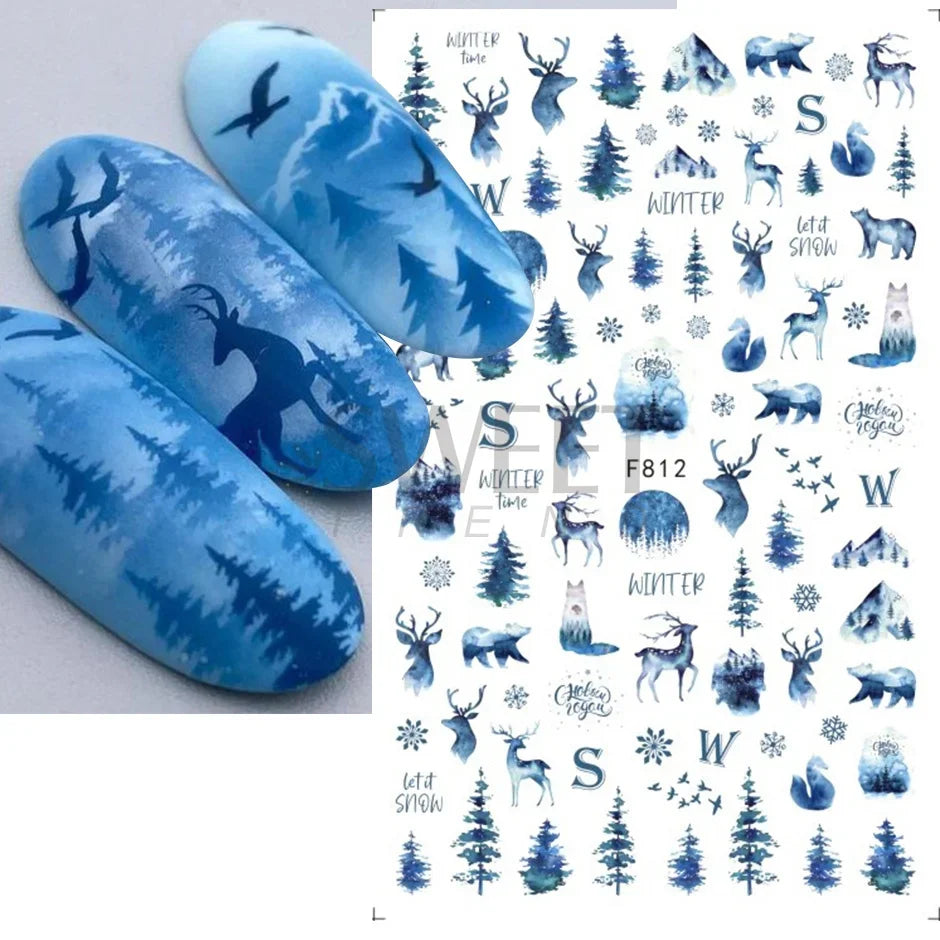 Winter Christmas Nail Sticker Snowflake Magpie Bird 3D Slider Leaf Halloween New Year Design Decoration Manicure 2023 Trend Foil