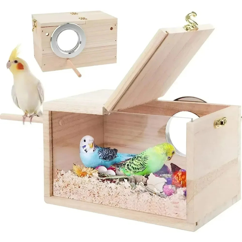 Transparent Design Parakeet Bird House Nest Easy To Cleaning Creative Solid Wood Parrot House Smooth Edges Bird Breeding Box