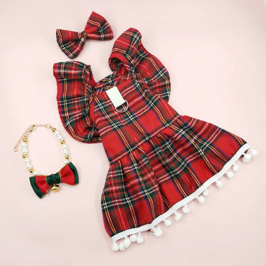 Vestiti Christmas Dog Dresses Strap Autumn Winter Dog Clothing Skirt Cat Pet Clothing Cosplay Christmas Checker Clothes for Small Dog