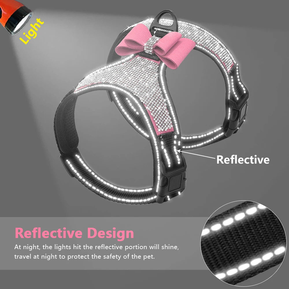 Pettorina Bling Rhinestone Mesh Dog Harness Cute Bowknot Small Dog Harnesses Vest Reflective Puppy Cat Vest Adjustable For Dogs  Chihuahua