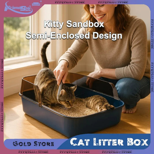 Semi-Enclosed Cat Litter Box High Side Splashproof Design Large Capacity Kitty Sandbox with Litter Scoop Easy Clean Pet Supplies