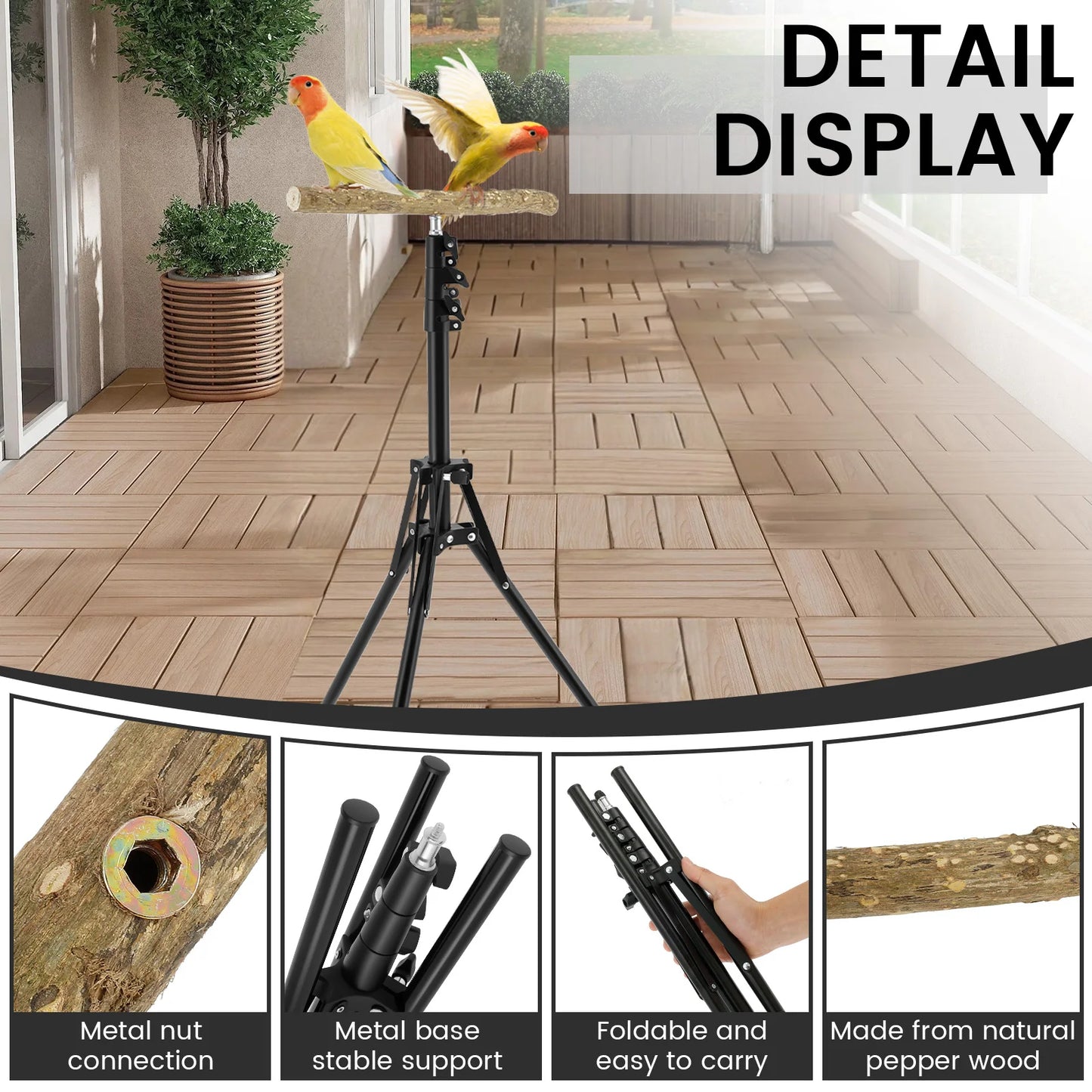 Stand Height Adjustable Bird Perch Toys Indoor Outdoor Versatile Bird Parrot Play Training Station Pole Wood Bird Training Perch