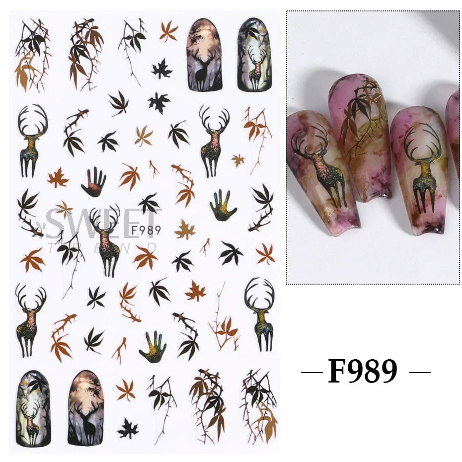 Winter Christmas Nail Sticker Snowflake Magpie Bird 3D Slider Leaf Halloween New Year Design Decoration Manicure 2023 Trend Foil