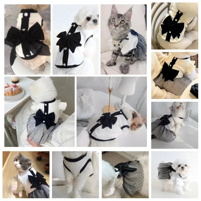 Vestiti Dog Clothes for Small Dogs Summer Dog T-Shirt Pet Dog Skirt Black White Retro Dresses Puppy Costume Chihuahua Clothing