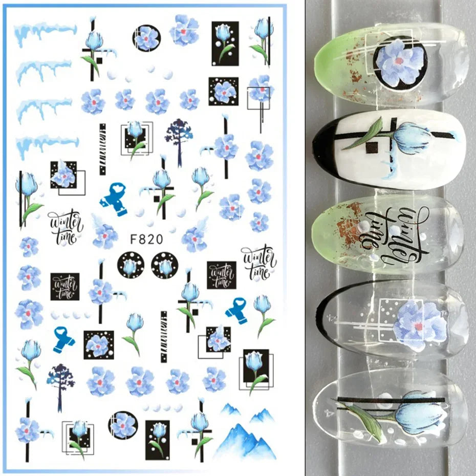 Winter Christmas Nail Sticker Snowflake Magpie Bird 3D Slider Leaf Halloween New Year Design Decoration Manicure 2023 Trend Foil
