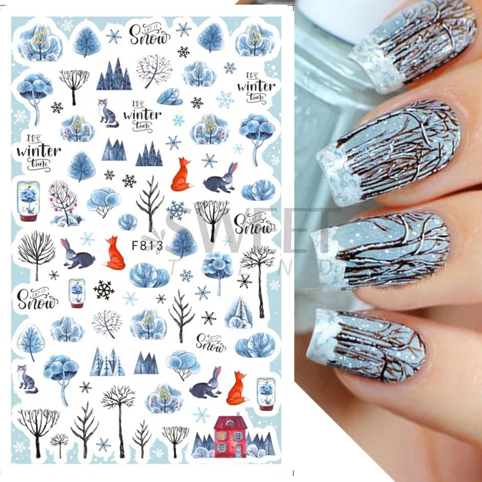Winter Christmas Nail Sticker Snowflake Magpie Bird 3D Slider Leaf Halloween New Year Design Decoration Manicure 2023 Trend Foil