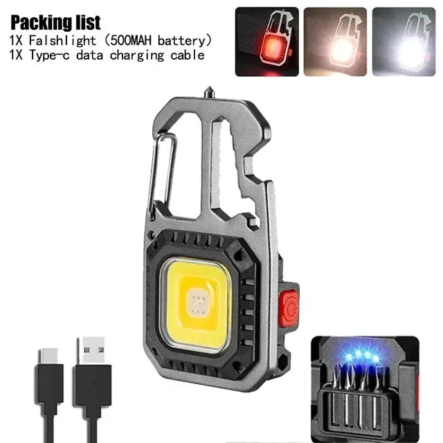 Work Light Mini LED COB Keychain USB Rechargeable Pocket Flashlight Outdoor Camping Fish Torch with Window Hammer Bottle
