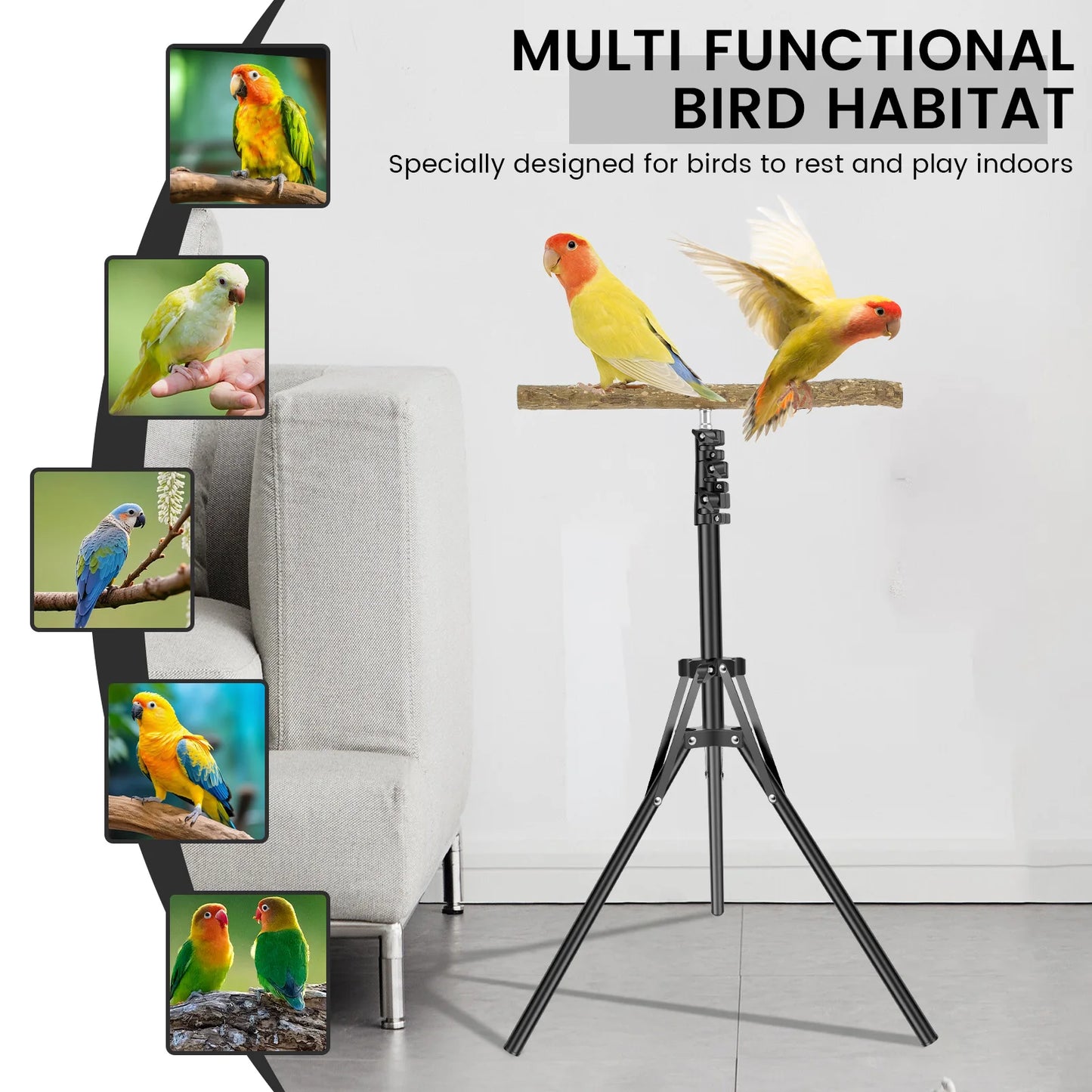 Stand Height Adjustable Bird Perch Toys Indoor Outdoor Versatile Bird Parrot Play Training Station Pole Wood Bird Training Perch