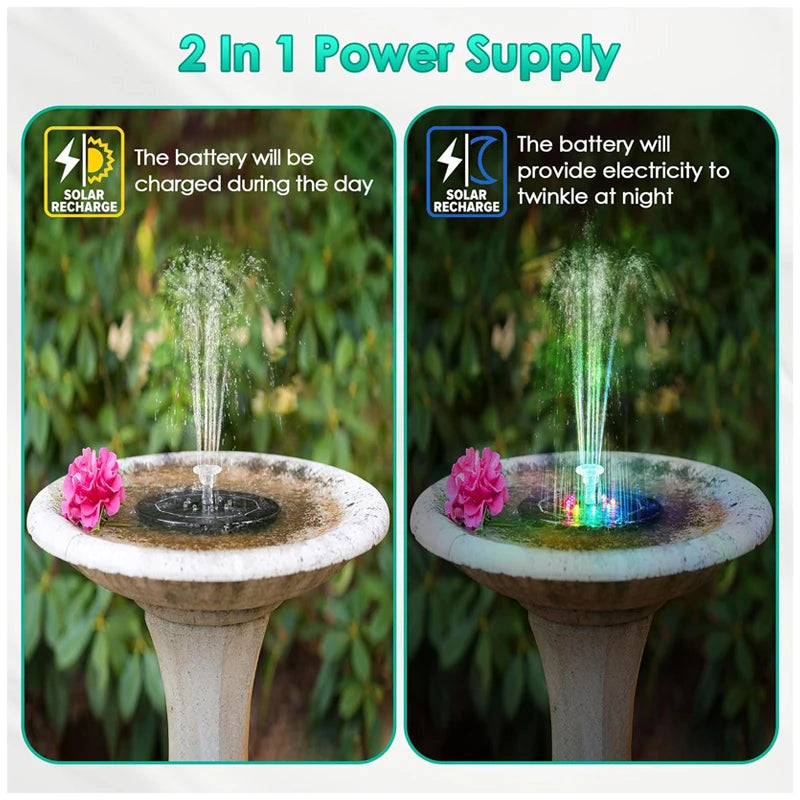 Solar Bird Bath Fountain Pump with Colored LED Lights, Battery and Solar Powered Bird Bath Fountain for Bird Bath Garden, Pond