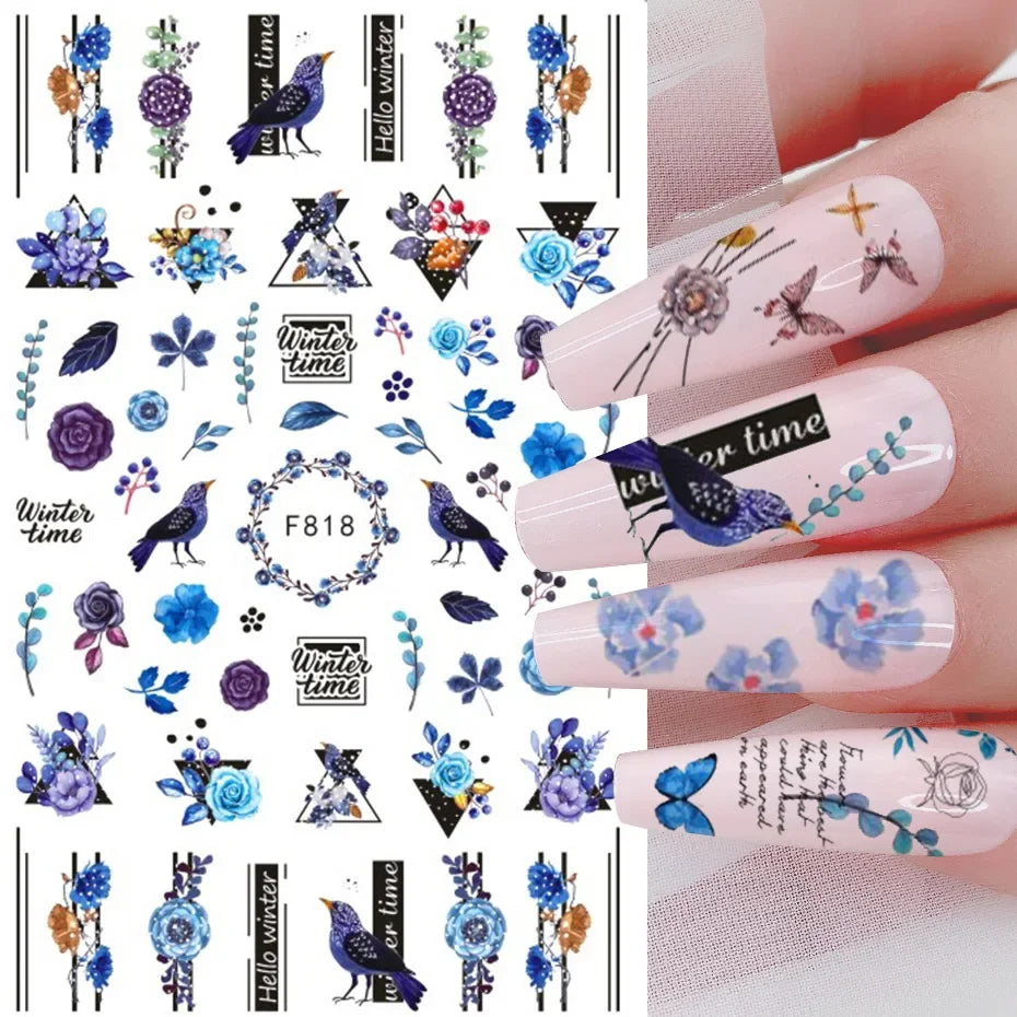 Winter Christmas Nail Sticker Snowflake Magpie Bird 3D Slider Leaf Halloween New Year Design Decoration Manicure 2023 Trend Foil