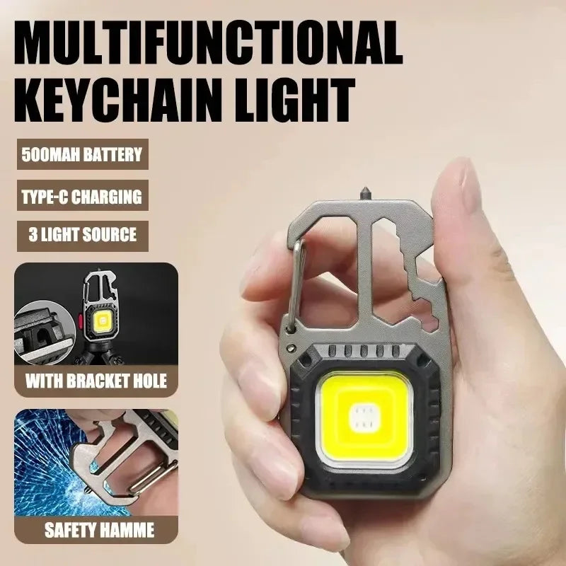 Work Light Mini LED COB Keychain USB Rechargeable Pocket Flashlight Outdoor Camping Fish Torch with Window Hammer Bottle