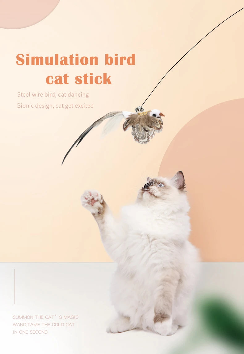 Simulation Bird Interactive Cat Toys Funny Feather Bird with Bell Cat Stick Toy for Kitten Playing Teaser Wand Toys Cat Supplies