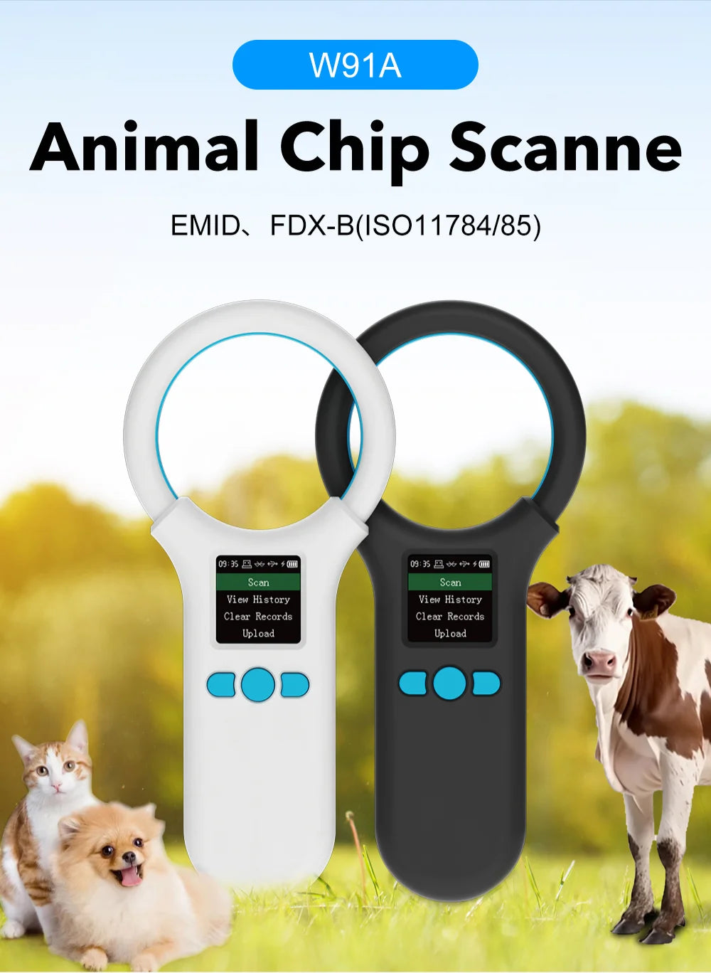 W91A Animal RFID Reader 134.2Khz/125Khz Pet FDX-B EMID Adjustable Sound Brightness USB Dog Cat Horse Handheld Microchip Scanner