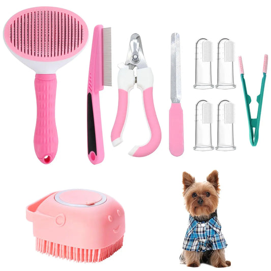 10 pieces cat and dog brush beauty suit pet self-cleaning suit with pet nail clippers and file pet eye brush flea comb