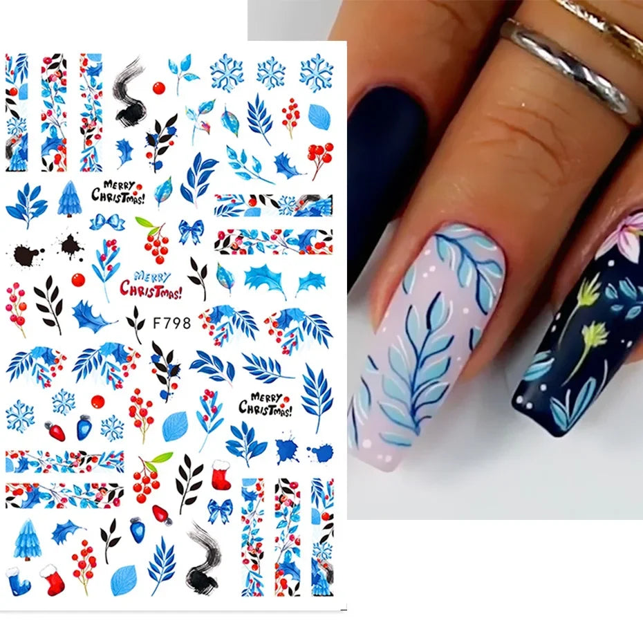 Winter Christmas Nail Sticker Snowflake Magpie Bird 3D Slider Leaf Halloween New Year Design Decoration Manicure 2023 Trend Foil
